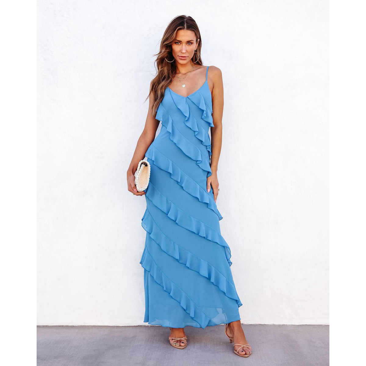 U Neck Slim Side Split Dress with Shoulder Drop