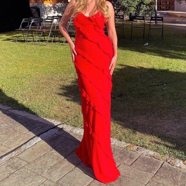 U Neck Slim Side Split Dress with Shoulder Drop