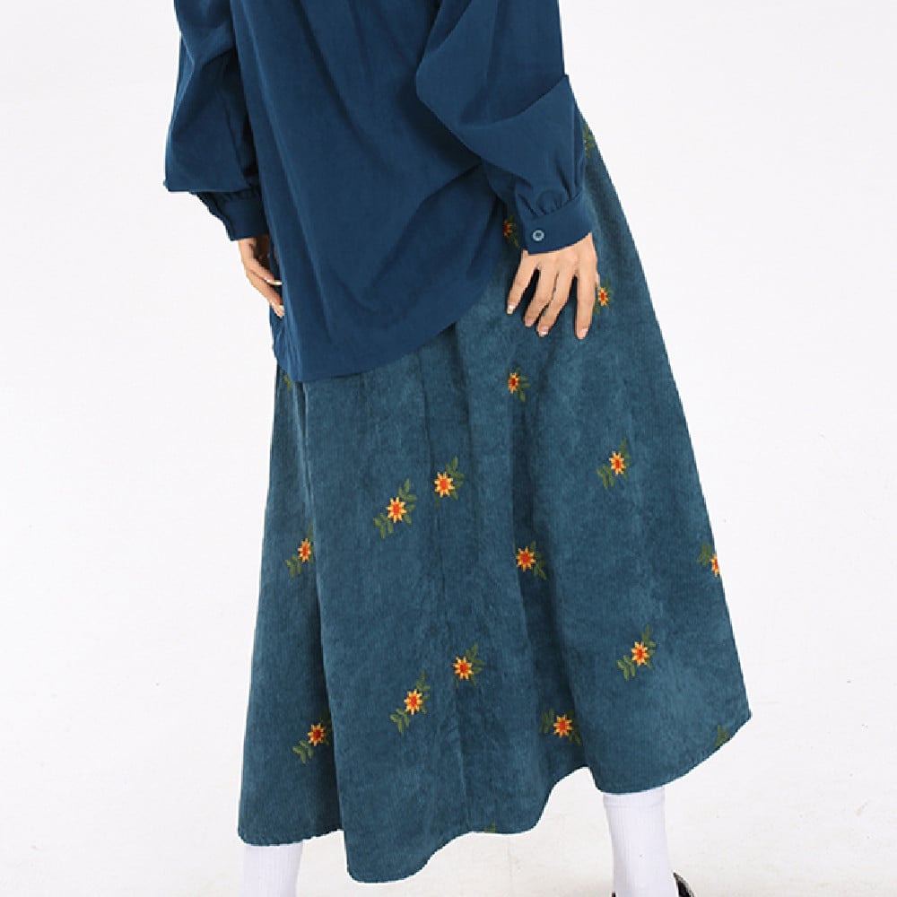 Women's Floral Corduroy Skirt in Curry Color