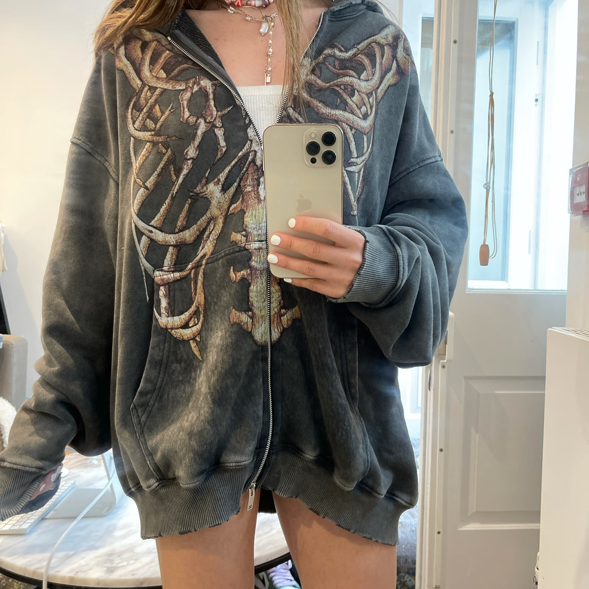 Skeleton Print Loose Hooded Cardigan Sweatshirt
