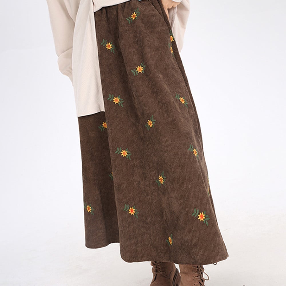 Women's Floral Corduroy Skirt in Curry Color